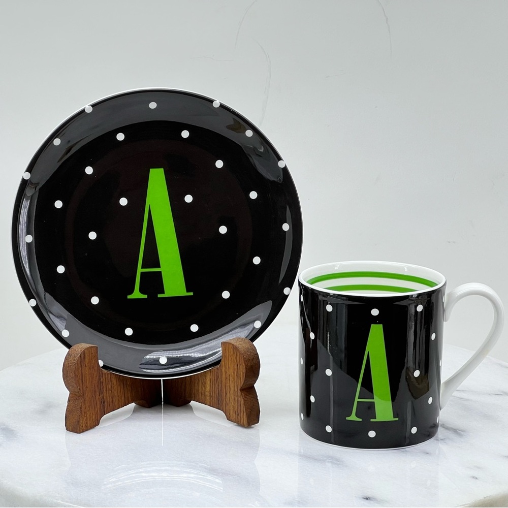 Kate Spade By Lenox A To The Letter Coffee Mug Plate Set Black Green Polka Dot